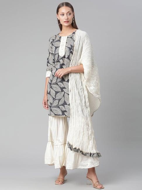 divena blue & cream kurta with sharara & dupatta