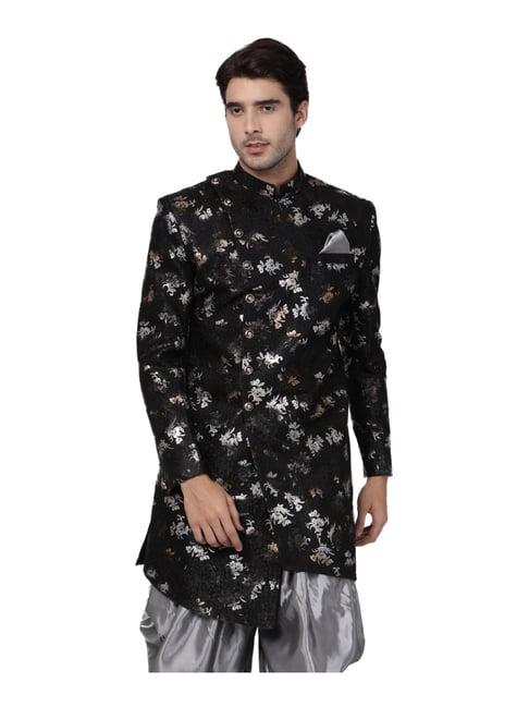 vastramay black regular fit floral print sherwani