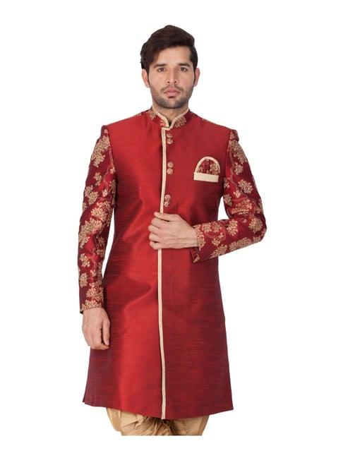 vastramay maroon regular fit embroidered sherwani