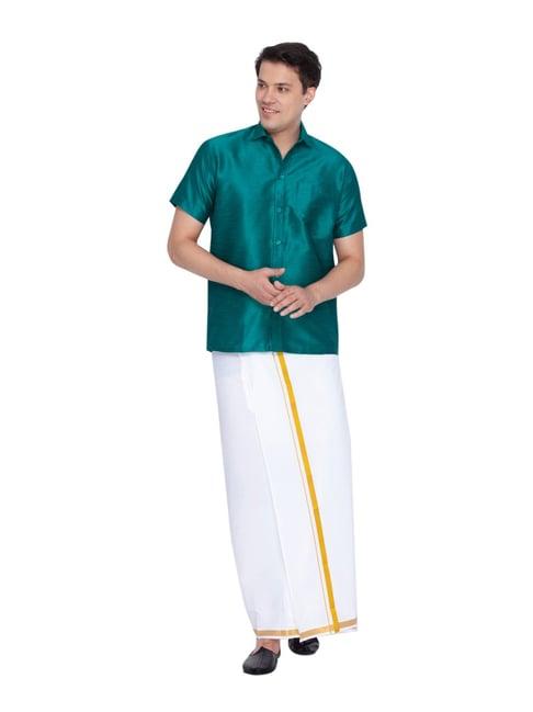 vastramay green & white straight fit shirt & mundu set