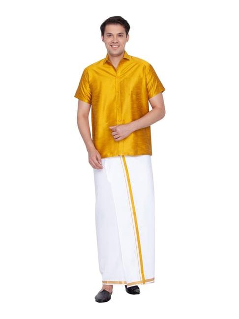 vastramay mustard & white straight fit shirt & mundu set