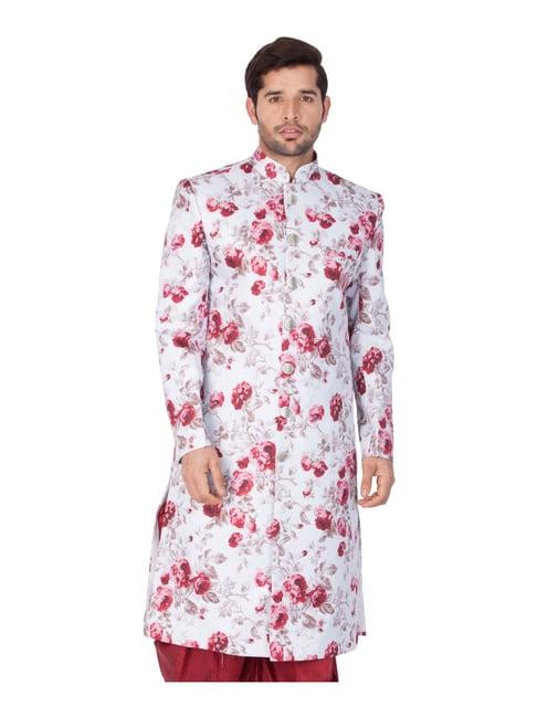 vastramay white & red cotton regular fit floral print sherwani