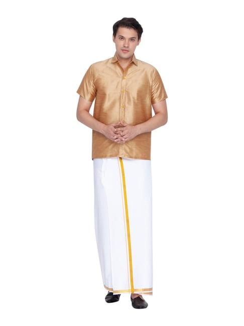 vastramay beige & white straight fit shirt & mundu set