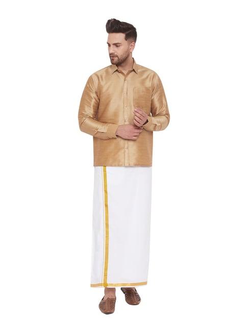 vastramay beige & white straight fit shirt & mundu set