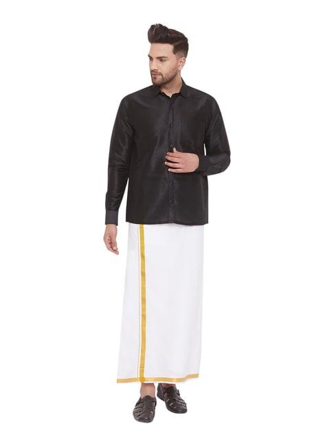 vastramay black & white straight fit shirt & mundu set