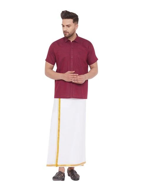 vastramay maroon & white cotton straight fit shirt & mundu set