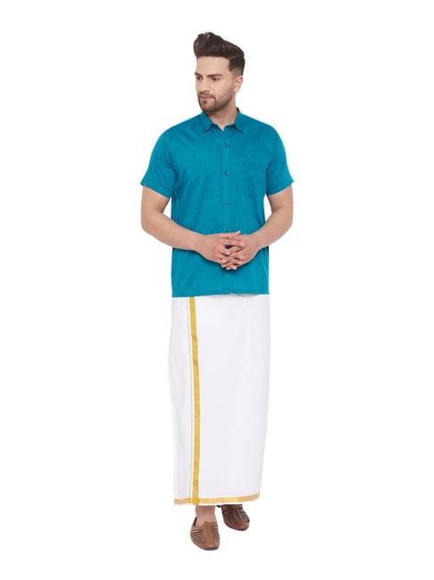 vastramay blue & white cotton straight fit shirt & mundu set