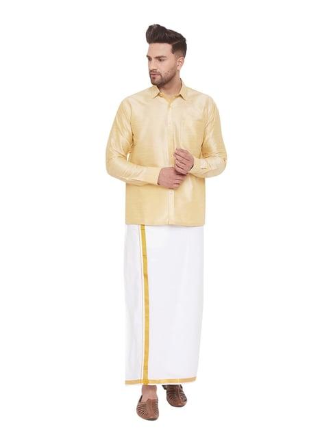 vastramay beige & white straight fit shirt & mundu set