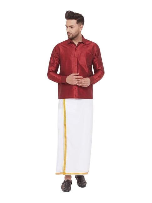 vastramay maroon & white straight fit shirt & mundu set