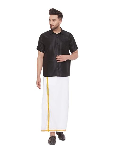 vastramay black & white straight fit shirt & mundu set