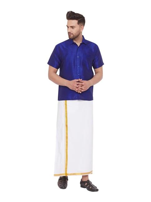 vastramay blue & white straight fit shirt & mundu set