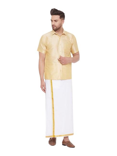 vastramay beige & white straight fit shirt & mundu set