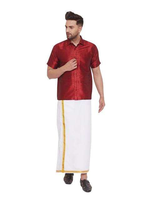 vastramay maroon & white straight fit shirt & mundu set