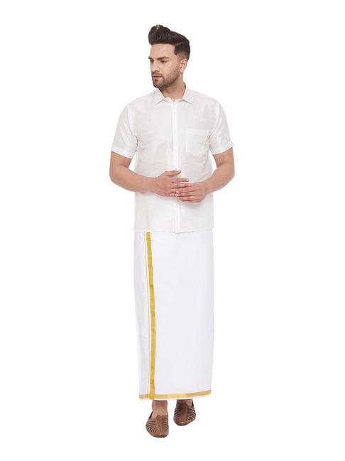 vastramay white straight fit shirt & mundu set