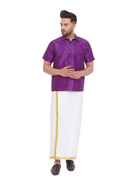 vastramay purple & white straight fit shirt & mundu set