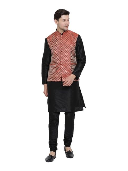 vastramay black straight fit kurta churidar with jacket