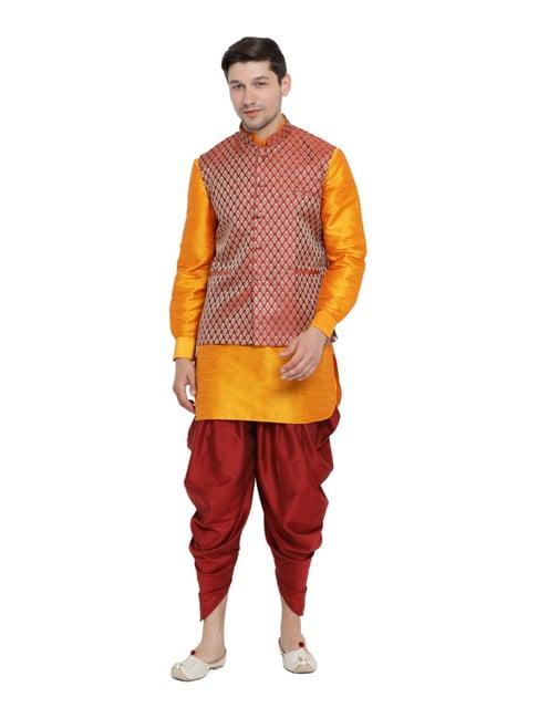 vastramay mustard & maroon straight fit kurta patiala with jacket