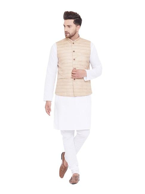 vastramay white cotton regular fit kurta churidar with jacket