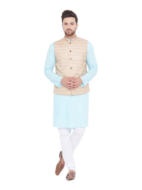 vastramay blue & white cotton regular fit kurta churidar with jacket