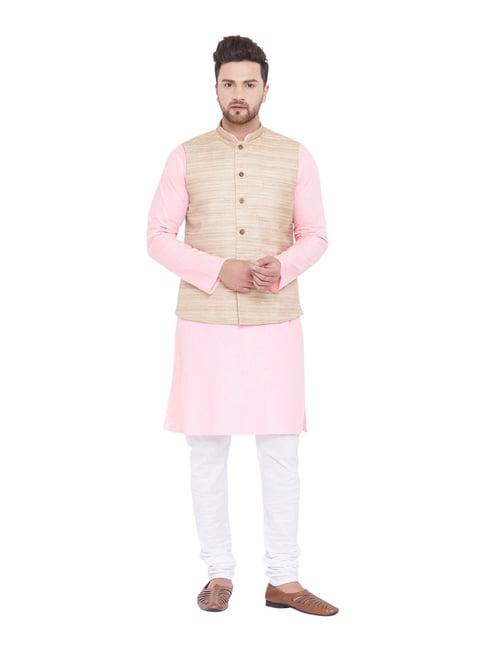 vastramay pink & white cotton regular fit kurta churidar with jacket