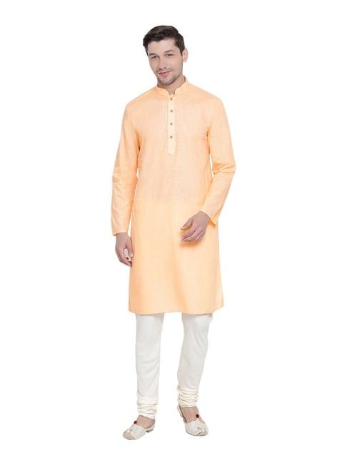 vastramay peach & cream cotton linen straight fit self pattern kurta churidar set