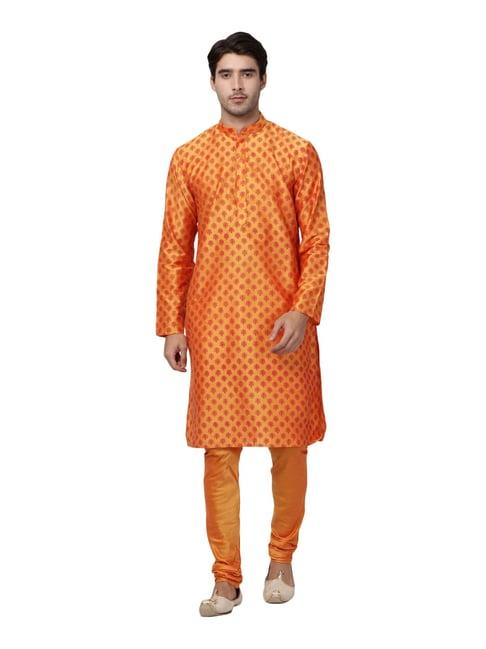 vastramay orange cotton straight fit printed kurta churidar set