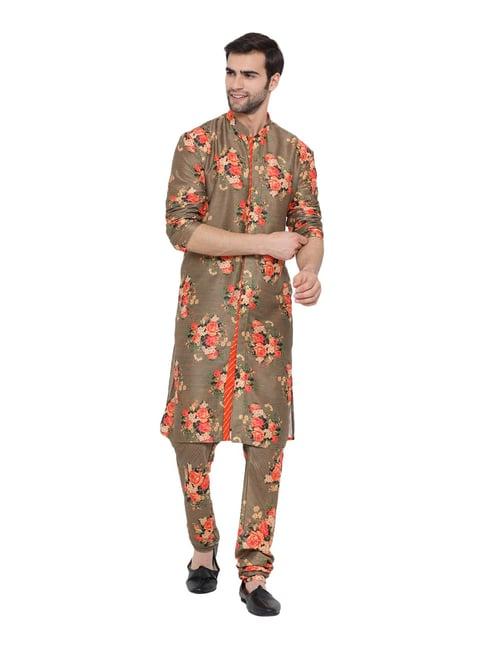 vastramay olive green cotton straight fit floral print kurta churidar set