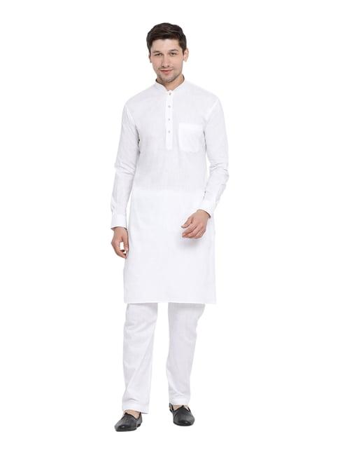 vastramay white cotton linen regular fit kurta pyjama set