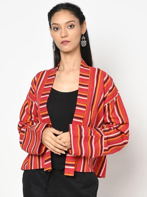 fabindia red & peach cotton striped shrug