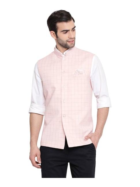 vastramay blush pink cotton straight fit checks nehru jacket