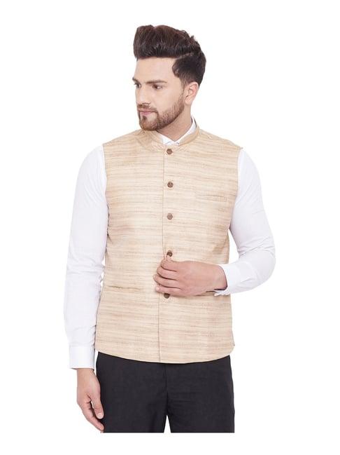 vastramay beige regular fit self pattern nehru jacket