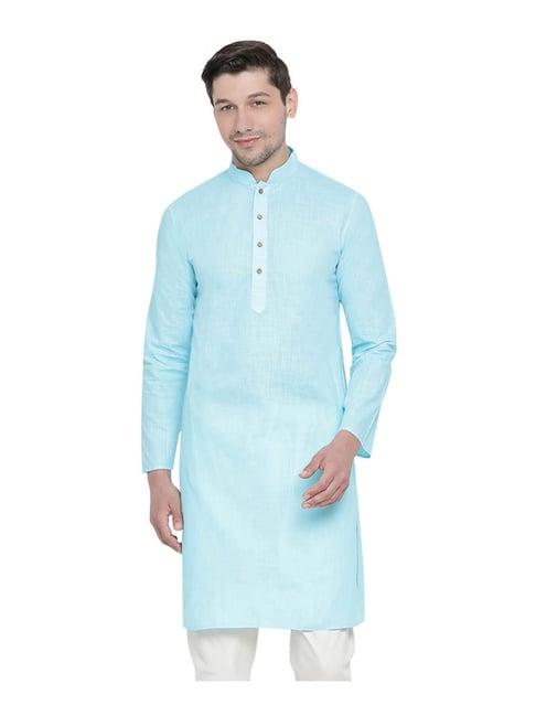 vastramay sky blue cotton linen straight fit kurta