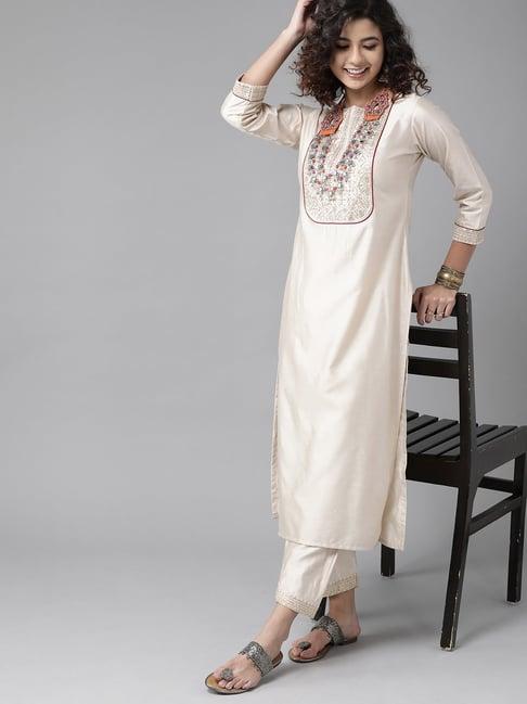 indo era off white embroidered kurta with pant & dupatta