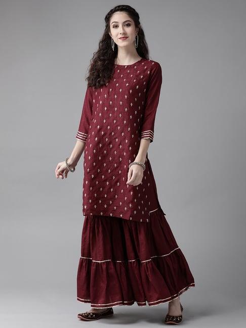 indo era maroon embroidered kurta sharara set