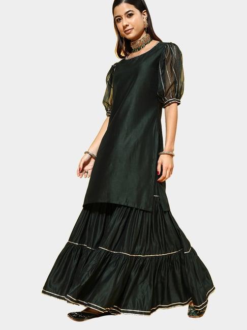 indo era green striped kurta with sharara & dupatta