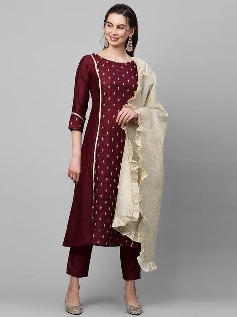 indo era maroon embroidered kurta with pant & dupatta