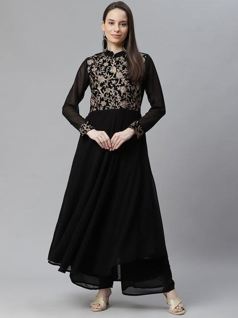 cottinfab black embroidered georgette kurta with palazzos