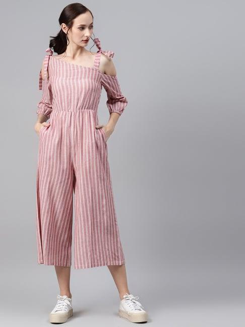 cottinfab cotton red & white striped jumpsuit