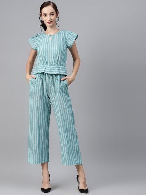 cottinfab cotton green striped jumpsuit