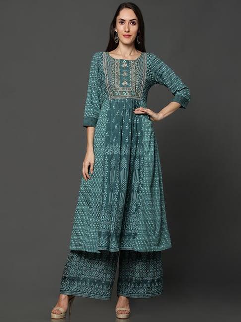 ojas design green embroidered kurta palazzo set