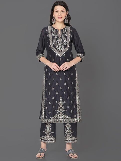 ojas design charcoal embroidered kurta palazzo set