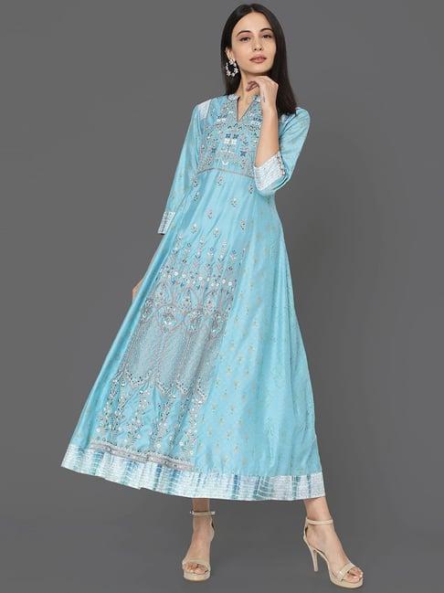 ojas design turquoise embroidered kurta