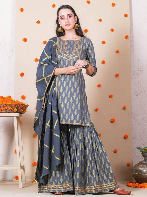 rustorange grey sharara kurta set with dupatta