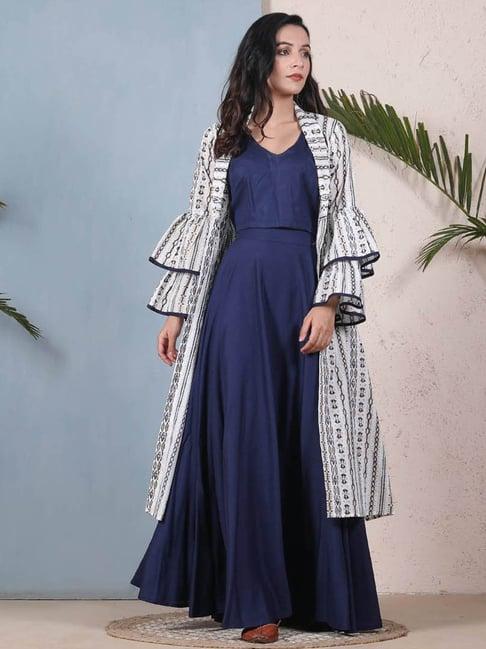 rustorange indigo top and skirt set with shrug