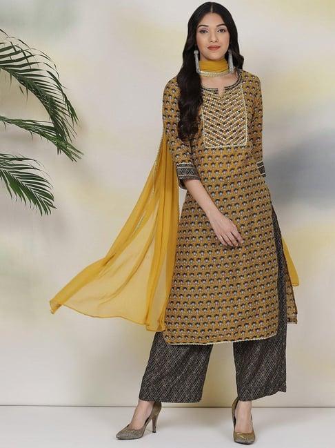 biba yellow & black printed suit set