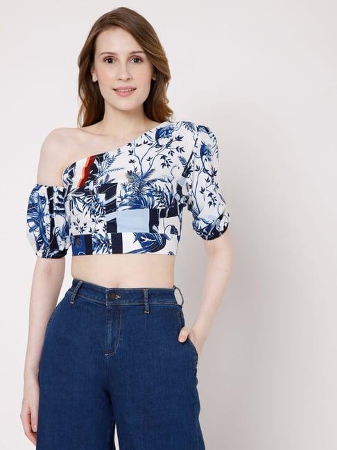 vero moda white & blue printed crop top