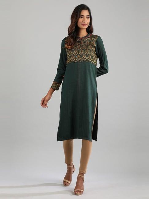 aurelia green cotton printed straight kurta