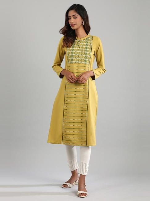 aurelia yellow cotton printed straight kurta