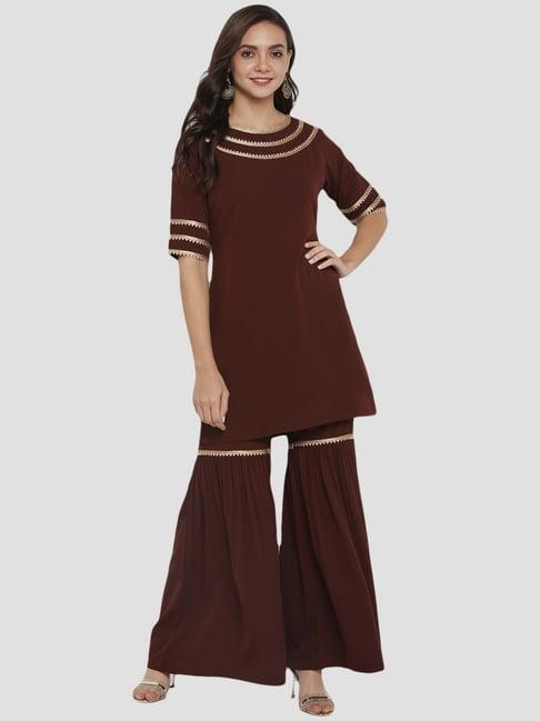 janasya brown embroidered kurti sharara set