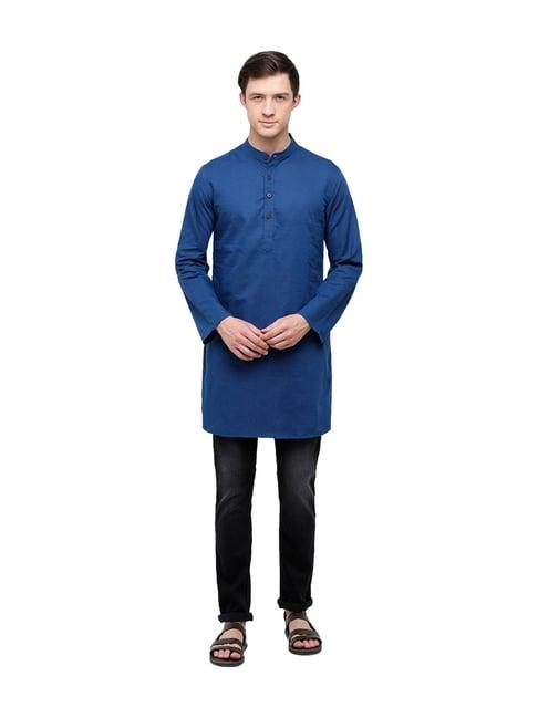 cavallo by linen club blue solid full sleeves kurta